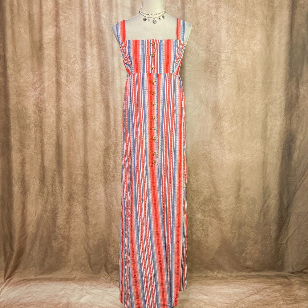 Vintage 70s Striped Maxi Dress Handmade Red White Blue Empire Waist Americana